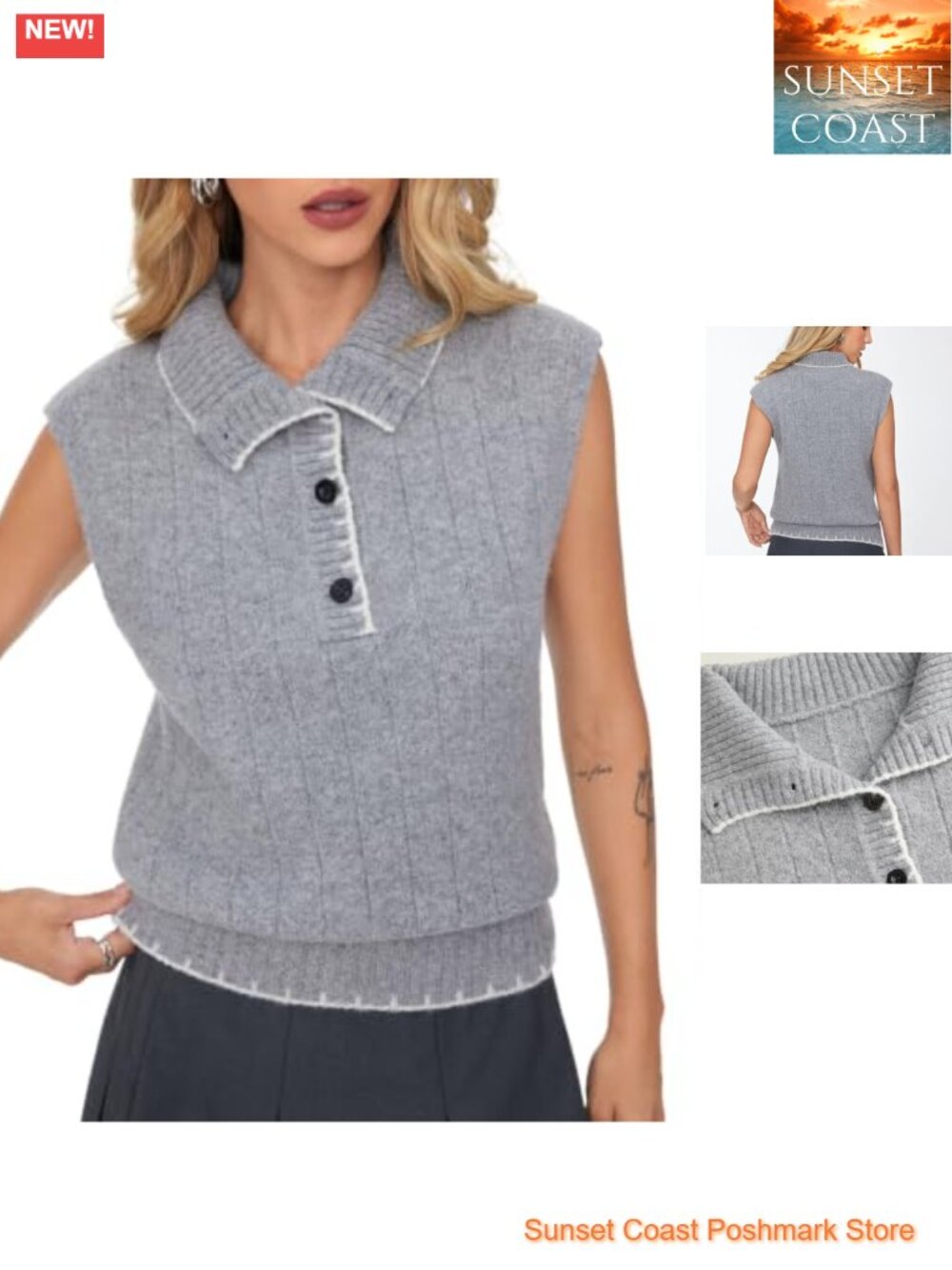 Womens Contrast Trim Polo Sweater Vest Sleeveless Ribbed Knit Top